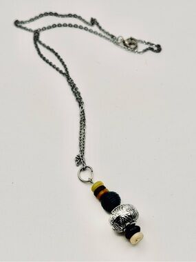 Silver-Tone Pendant Necklace with Brown, Cream, and Teal Wooden Beads